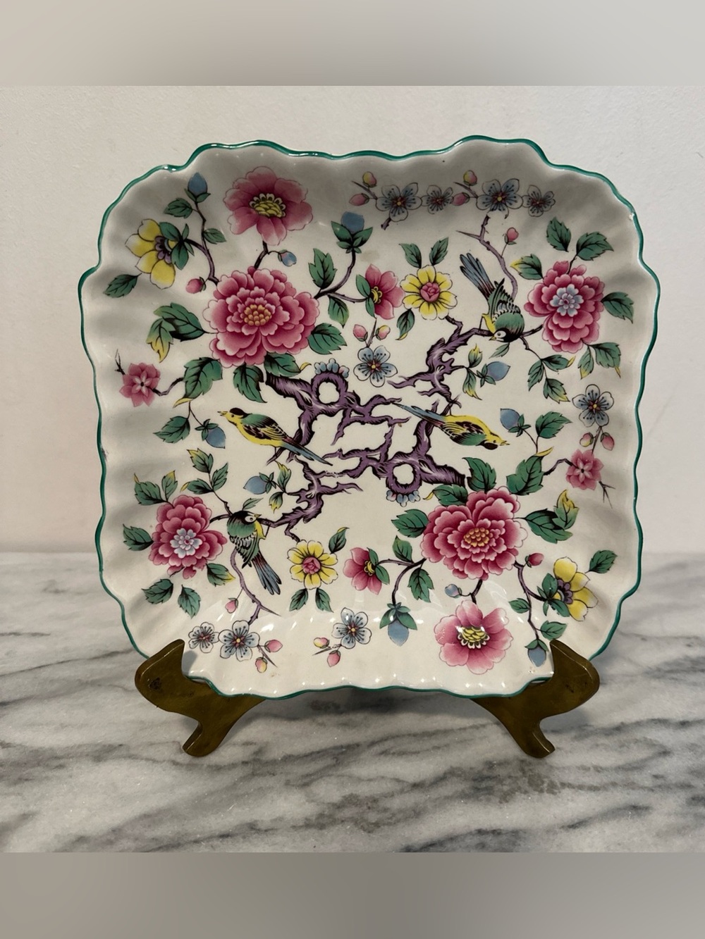 Vintage old Foley chinese rose Floral Bird Ceramic Plate - Pink & Green